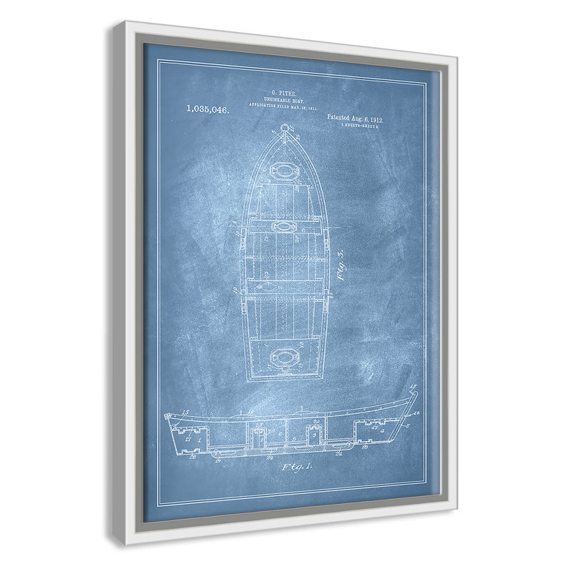 «Boat 1 Blueprint - Blue - Floater Frame», impression sur toile, Cadre blanc, H 16 po x l 12 po x P 2 po