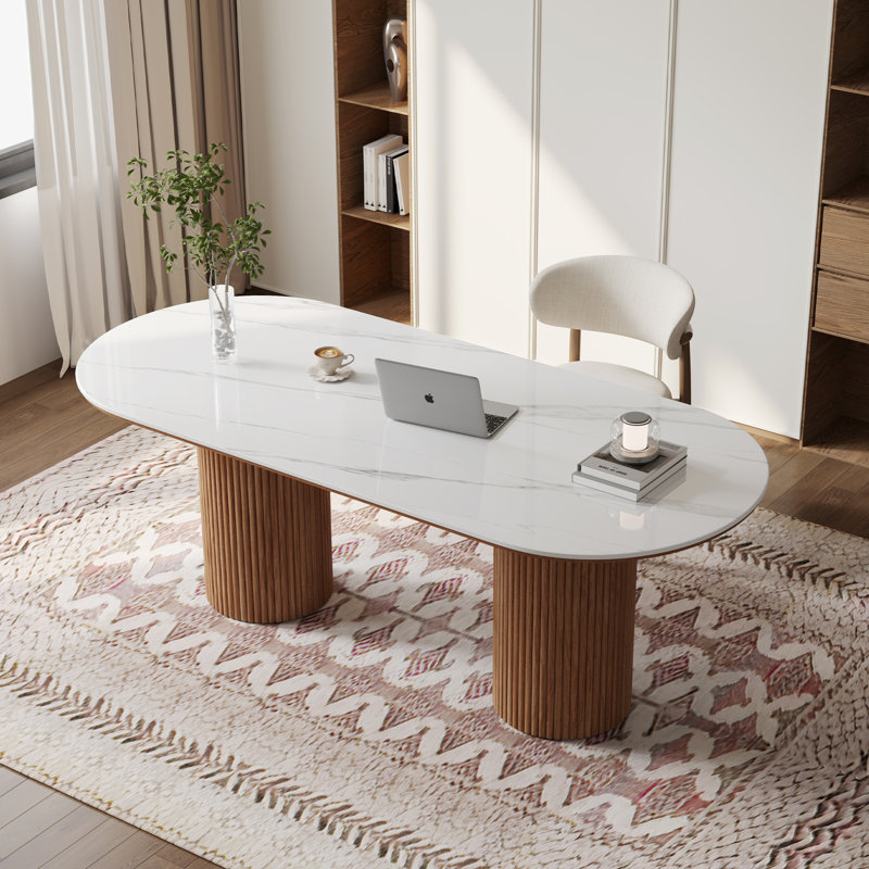 Bureau 71 po ovale moderne, plateau de table en faux marbre brillant, pieds doubles en bois, Blanc / Brun