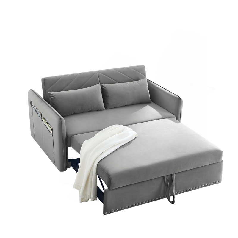 Sleeper Sofa Bed W/USB Port, 3-In-1 Adjustable Sleeper With Pull-Out Bed, 2 Lumbar Pillows And Side Pocket, Soft Velvet Convertible Sleeper Sofa Bed, Suitable For Living Room Bedroom
