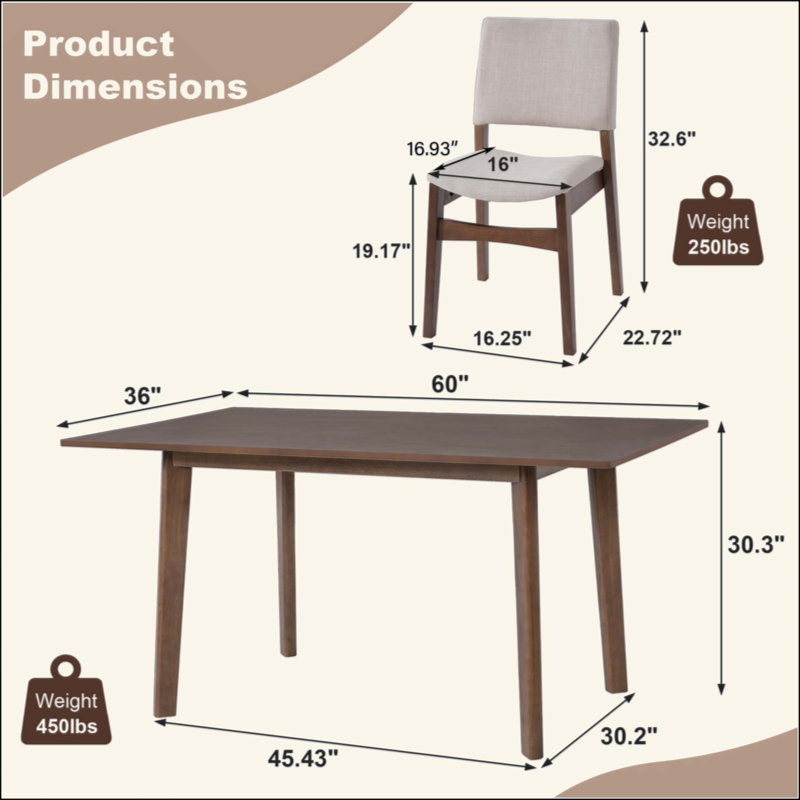 Ensemble de salle à manger moderne 7 pièces - Table rectangulaire en bois massif et chaises rembourrées en lin, avec tissu pour la cuisine / salle à manger