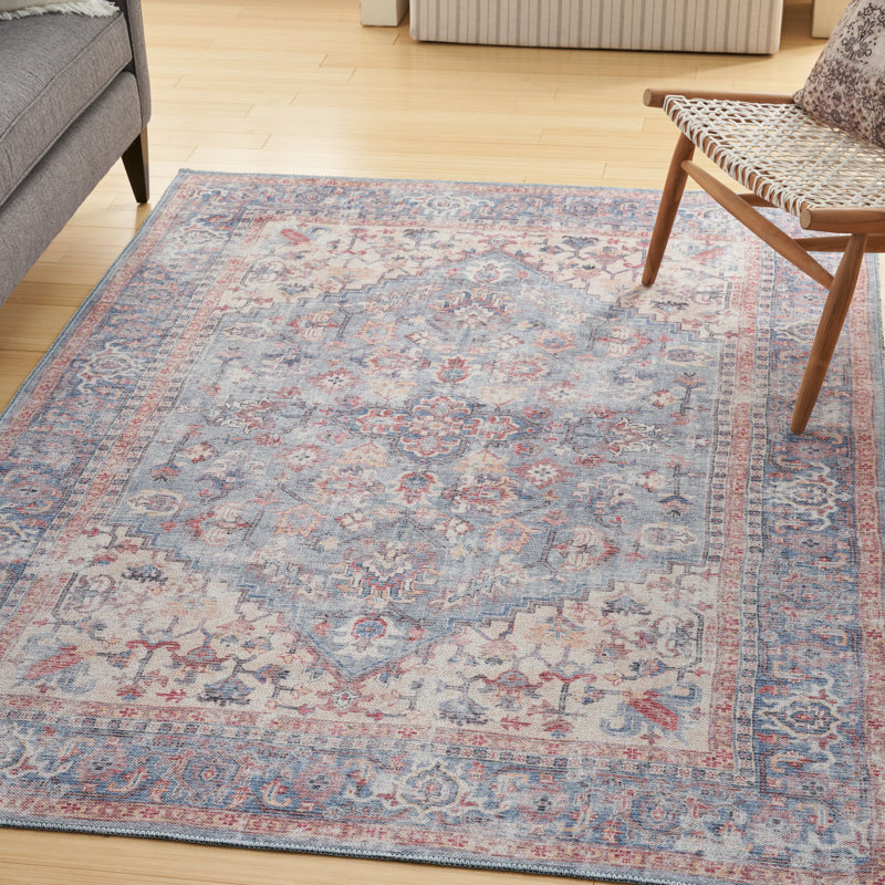 Tapis oriental bleu / rouge lavable à la machine, Rectangle 4 pi x 6 pi