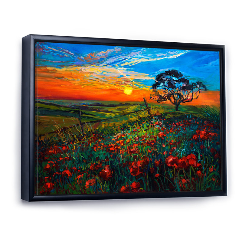 " Red Poppy Fields ", 8" H x 12" W x 1" D, Black Floater Framed Canvas