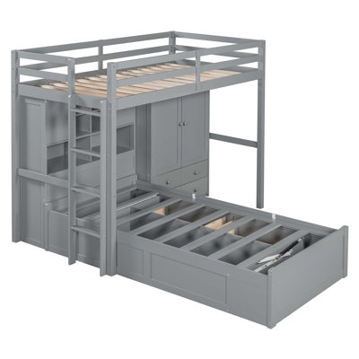 Lit superposé simple avec tiroirs, garde-robe, tablettes de rangement et lit hydraulique
