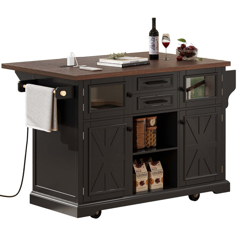54.9" Kitchen Island With Drop Leaf, Power Outlet, Kitchen Storage Cart With 4 Door Shelves, Cross Barn Doors & Visual Glass Door, Rolling Kitchen Island On 4 Wheels For Kitchen, Dining Room,Black