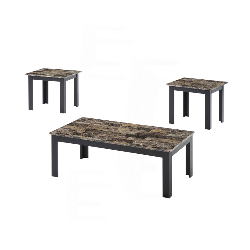 Ensemble de 3 pièces Table basse rectangulaire de style traditionnel Table de bout carrée Pieds en bois Finition noire Plateau en faux marbre Finition grise