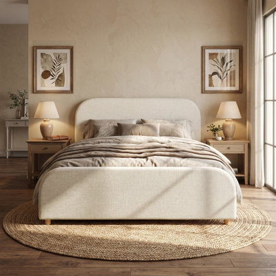 Platform Bed With Curved Linen Blend Upholstered Headboard And Solid Wood Legs