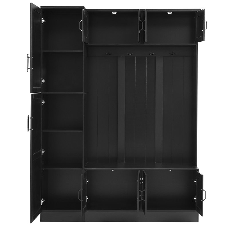 79"H 4-In-1 Hall Tree With 6 Cabinets, 4 Coat Hooks, Black