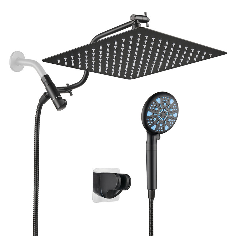 12-Inch Raincan Shower Heads with 9-Setting Handheld Spray and Adjustable Curved Extension Arm Combo Matte Black, Matte Black