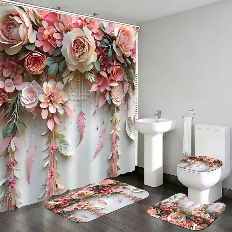 Ensemble de rideau de douche 4Pcs Roses, Rose