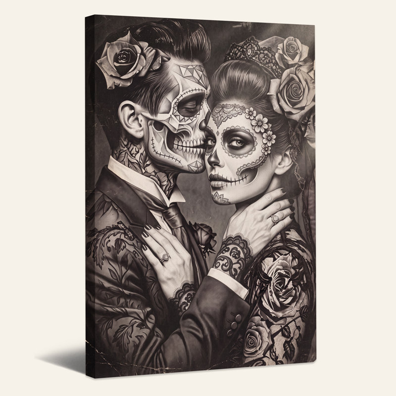 «Black and White Sugar Skull Couple», art mural sur toile d'Halloween, H 30 po x l 20 po