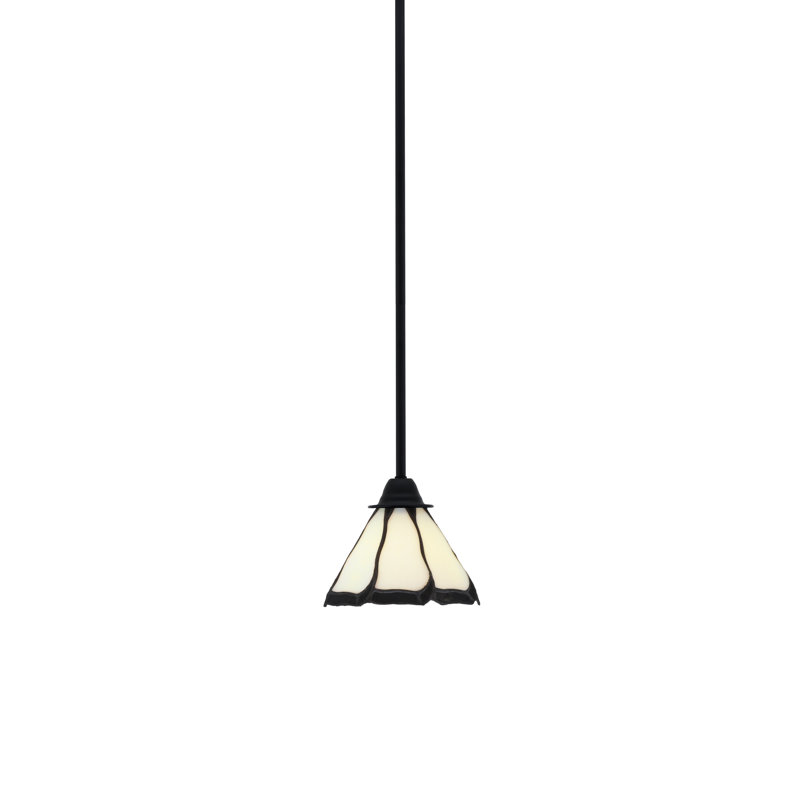 Paramount Stem Hung Pendant Shown In Matte Black Finish With 7" Pearl & Black Flair Art Glass
