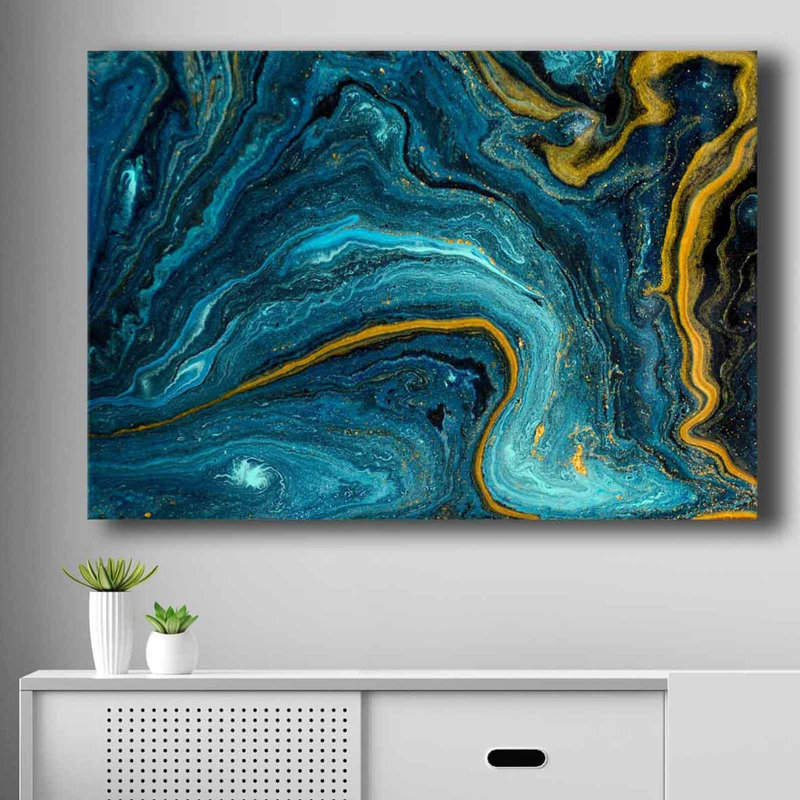 Superbe peinture décorative sur toile, 27,6 po x 39,4 po | 100% toile (épaisseur: 0,1 pouce) et cadre 100% bois de pin (épaisseur: 0,9 pouce) | Élégantes couleurs bleues, bleu marine et or, parfaites pour le salon ou le bureau
