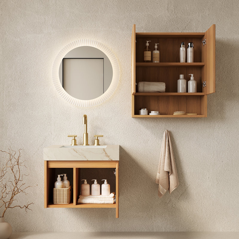 Ensemble de meuble-lavabo mural EIDEN 24 + TOBI 26, meuble-lavabo mural flottant pour salle de bain, plateau en pierre frittée crème or, cuve en céramique, 3 trous de robinet pré-percés, robinet et drain exclus, couleur grain de bois naturel