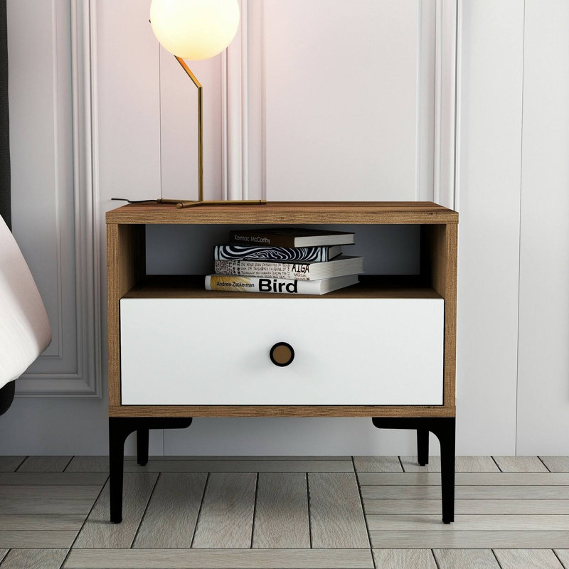 Aliyanah 56cm W Manufactured Wood Bedside Table, Walnut/White