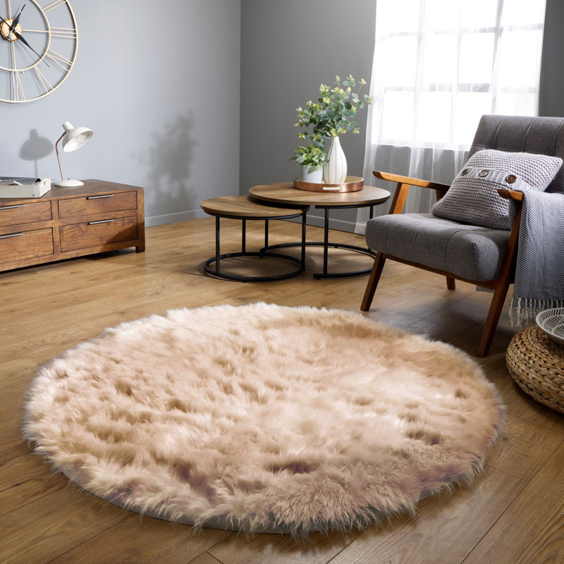Malaiah Shag Faux Sheepskin Fur Area Rug in Beige, Round 3'