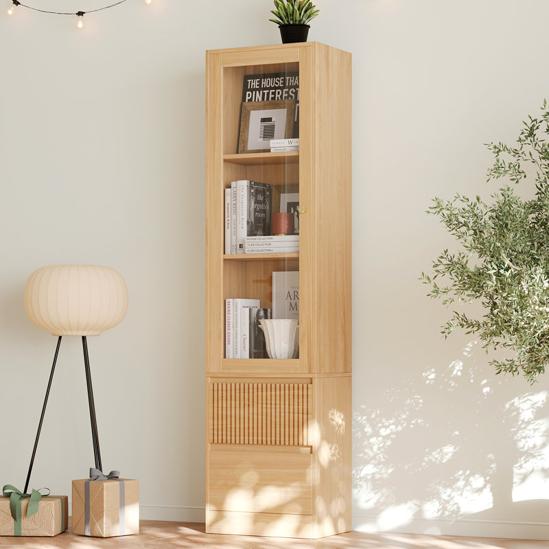 Branigans Wooden Glass Door Bookcase, 3-Tier Cube Bookshelf Storage Cabinet With Double Drawer And Shelf