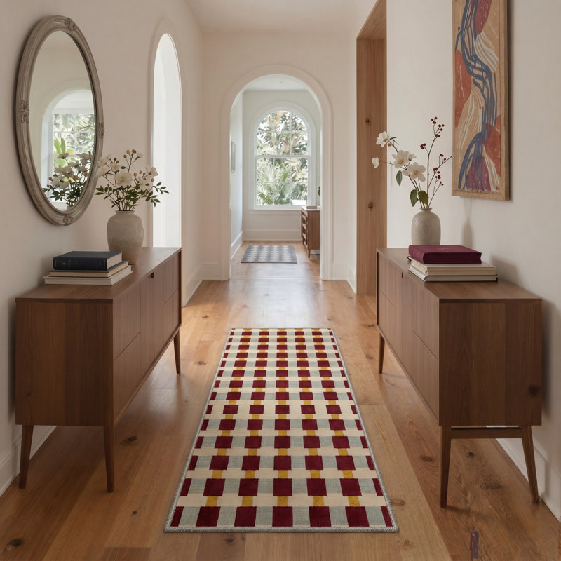 Basketweave Modern Machine Washable Beige / Yellow / Red Indoor Area Rug with Non-Slip Backing, Runner 2'6" x 8'