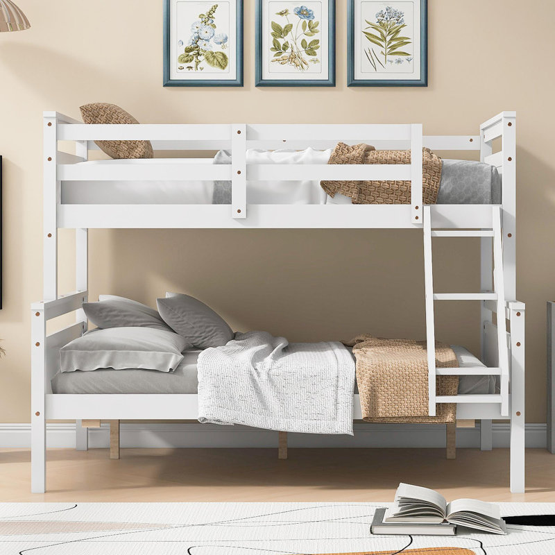 Lit simple superposé au-dessus d'un lit double avec échelle, barrière de sécurité, pour chambre à coucher, Blanc