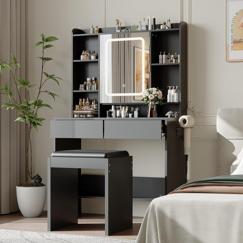 anity Desk with LED Mirror and Lights, Padded Stool, USB Charging, Hairdryer Holder, Storage Drawers, Modern Bedroom Makeup Table