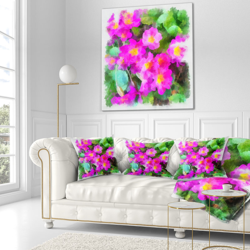 Petites fleurs roses avec feuilles vertes - coussin à imprimé floral, 18 po x 18 po, Coussin décoratif