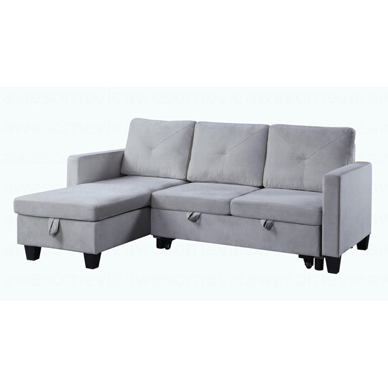 Modern 82.5"W Light Gray Velvet Reversible Sleeper Sectional Sofa With Storage Chaise, Light Gray Velvet