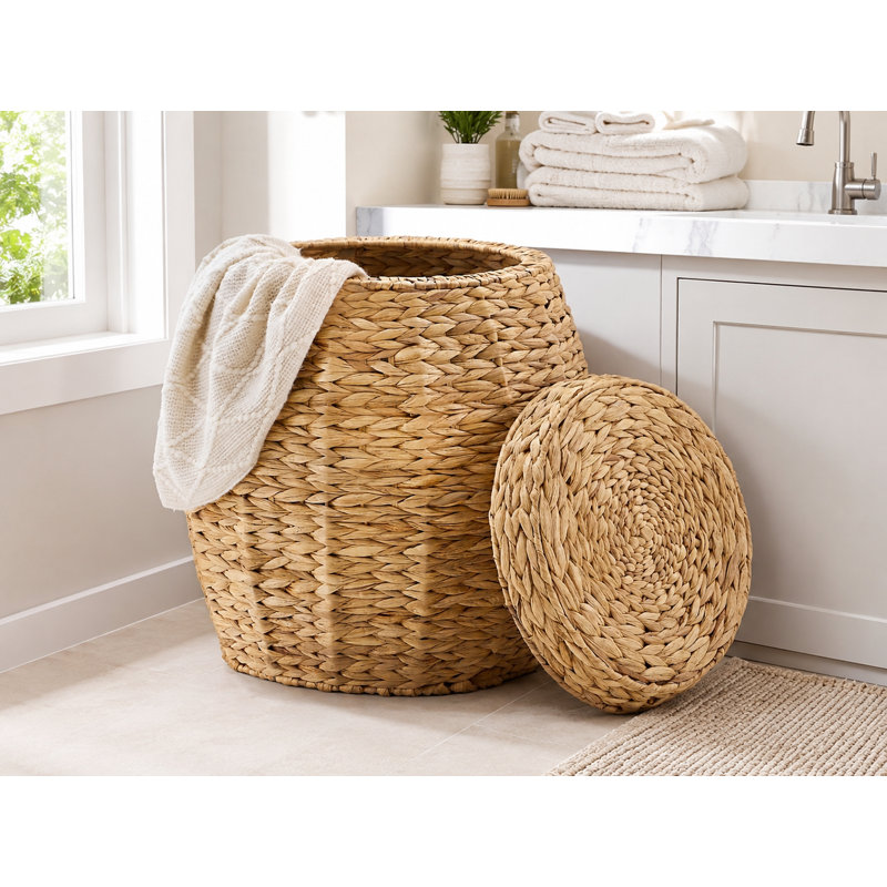 Panier à linge rond en osier avec couvercle, panier à linge tissé à la main, H 19,3 po x l 17,7 po, Naturel, Jacinthe d'eau
