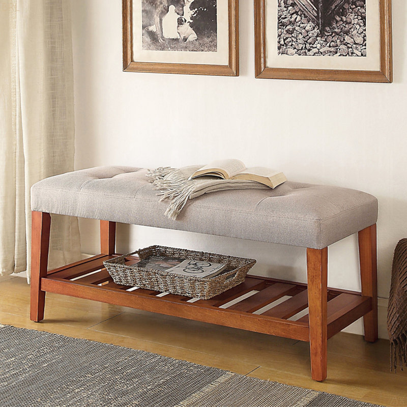 Banc de rangement rembourré en bois avec tablette à lattes Warwickshire, Gris clair, Noyer