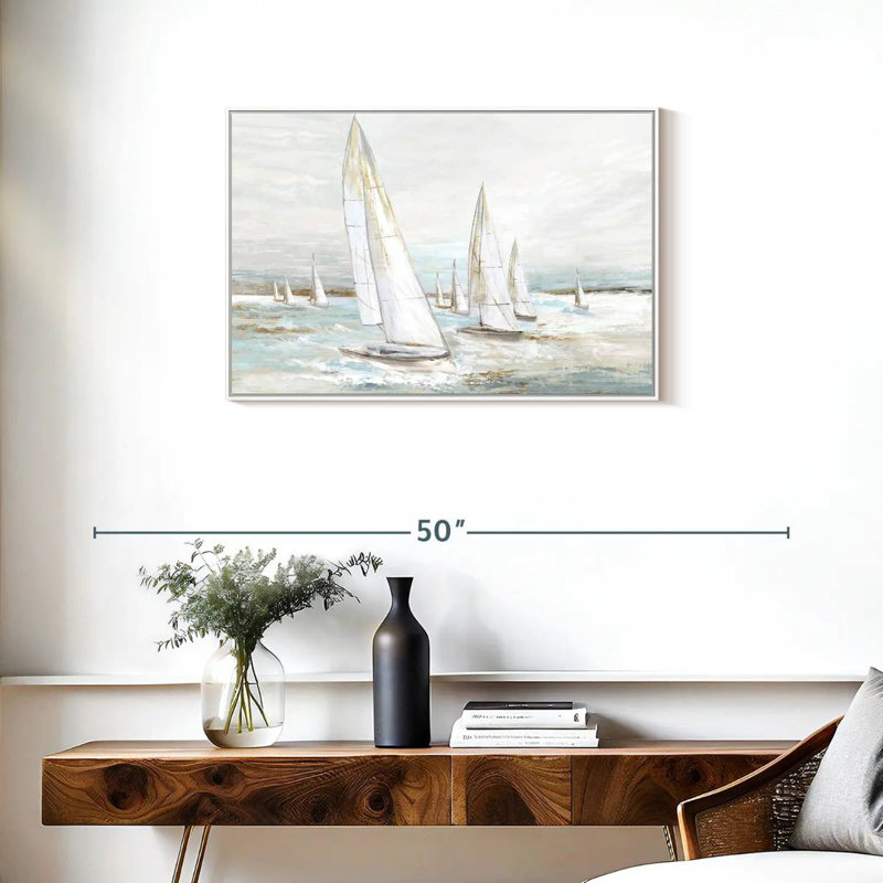 Voiles balayées par le vent I, Cadre flottant blanc, 31 po x 21 po