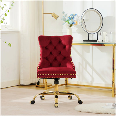 Modern Velvet Upholstered Tufted Button Home Office Chair With Golden Metal Base, Adjustable And Swivel For Comfort And Style