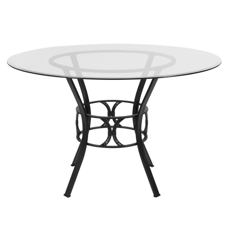 Table de salle à manger ronde en verre de 42 po avec structure en métal de style croissant Hardrick, Noir