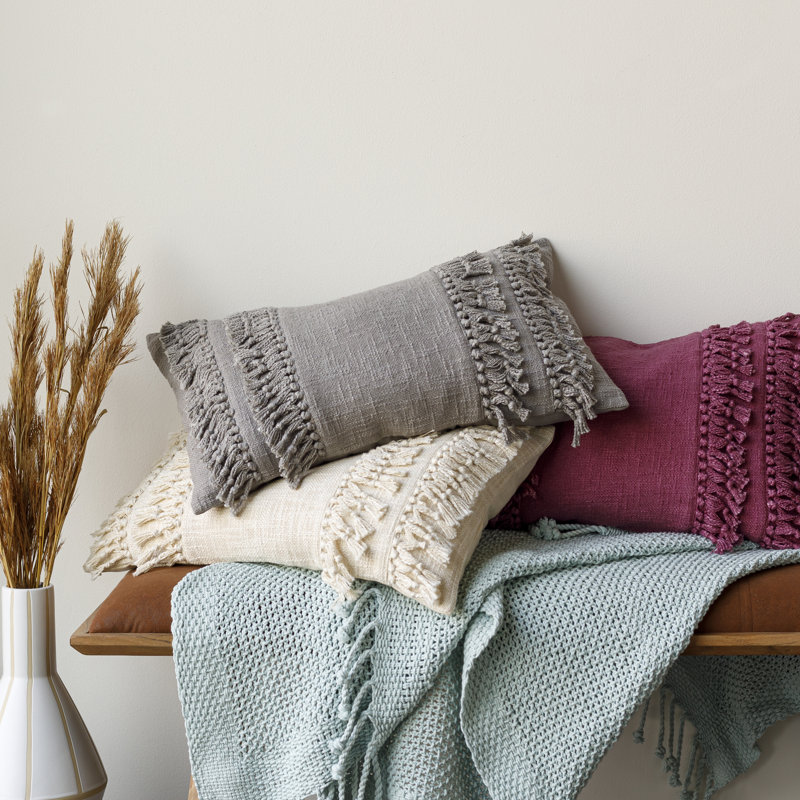 Katie Tassels Cotton Throw Pillow, 18" x 18", Taupe Gray