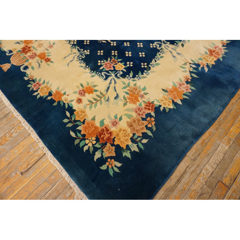 Wool Rectangle 1935 Chinese Antique Knotted - Art Deco Room Size Blue Rug