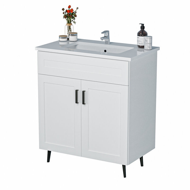 Meuble-lavabo 30 po avec lavabo, meuble-lavabo autoportant en bois avec 2 portes et pieds en métal, meuble-lavabo avec lavabo en céramique (peinture, 30)
