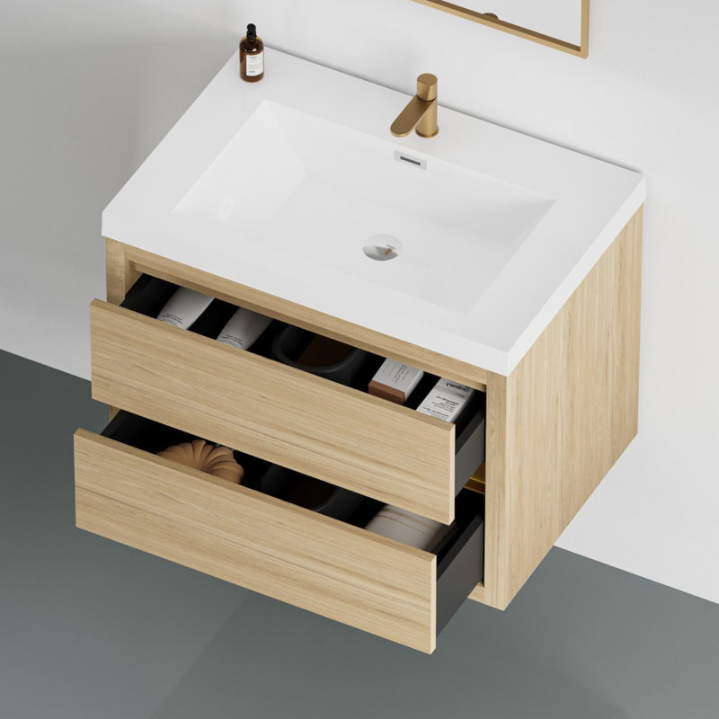Meuble-lavabo mural simple 30 po avec plateau en résine Kaushal, Chêne naturel