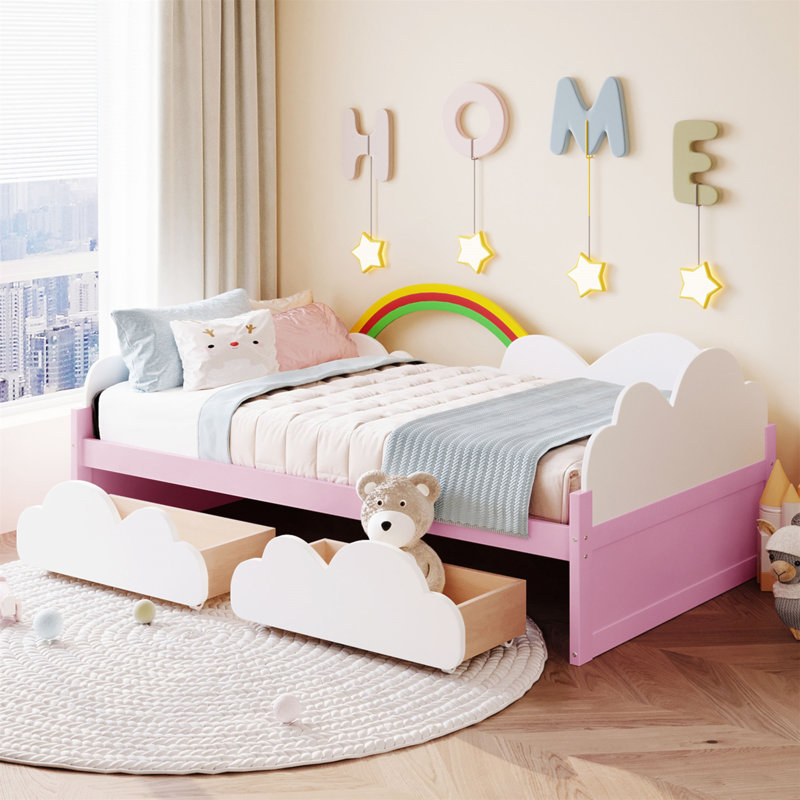 Lit plateforme enchanteur avec nuages et décor arc-en-ciel, parfait pour l'imagination des enfants et l'esthétique de la chambre à coucher, avec tiroirs de rangement