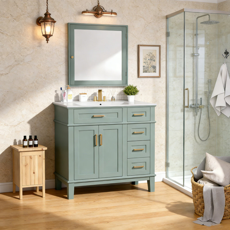Meuble-lavabo moderne avec lavabo en céramique, Vert clair