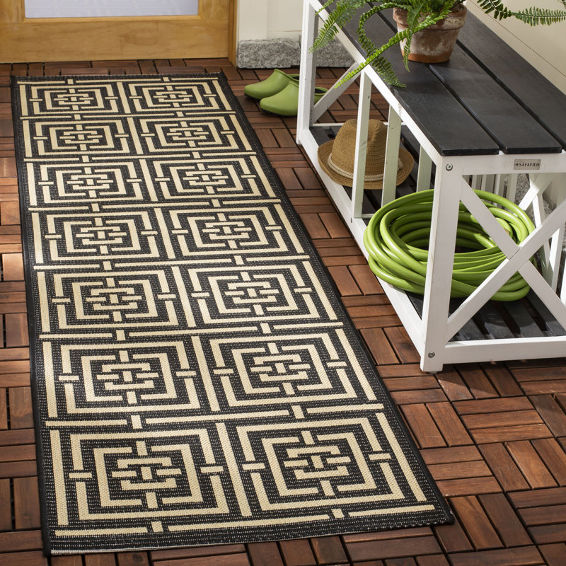 Tapis intérieur / extérieur noir / beige à motif géométrique Arneshia, Tapis de couloir 2 pi 3 po x 10 pi