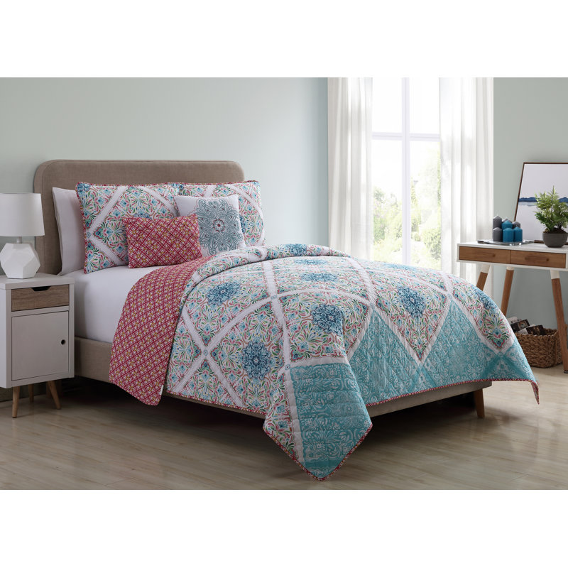 Ensemble de courtepointe réversible Windsor Medallion, Roi, Bleu / Rose