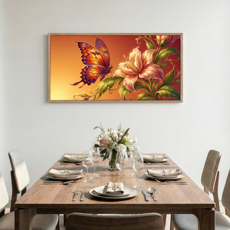 Tableau encadré sur toile, motif papillon et fleur, 1 pièce, 147 x 71 cm, 58 po x 28 po