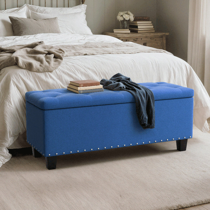 42" Upholstered Ottoman Bench, Button Tufted End of Bed Footrest Footstool for Bedroom Living Room, Navy Blue