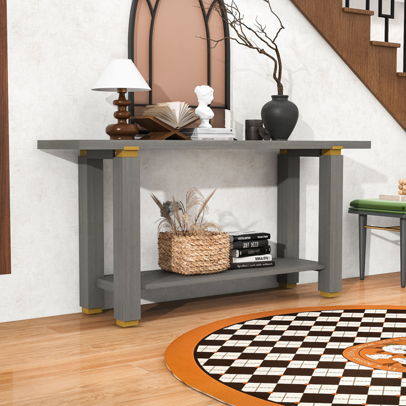 Industrial-Style Console Table with Wood Legs, Durable MDF Top, and Open Bottom Shelf, Gray
