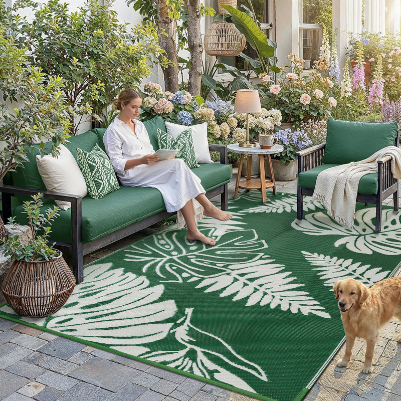 Ellie Reversible Green Leaf Outdoor Rug, Rectangle 9' x 12', Green