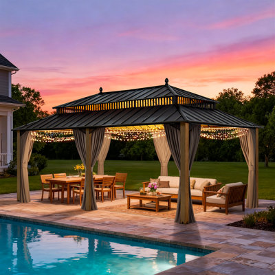 SUNJOY Kingston 20x12 ft Extra Tall Steel Hardtop Gazebo, Cedar Wood Posts with Curtain & Netting