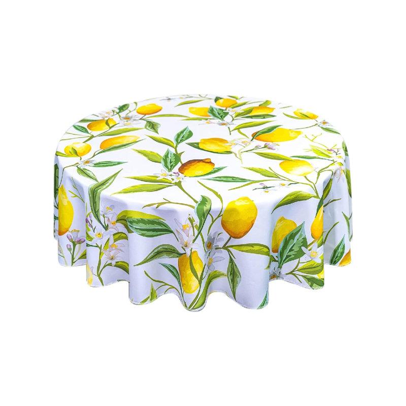 Round Lemon Tablecloth Waterproof Washable Wipeable Resistant Polyester Lemon Tree Flowers Leaves Circular Table Cloth Cover  70"