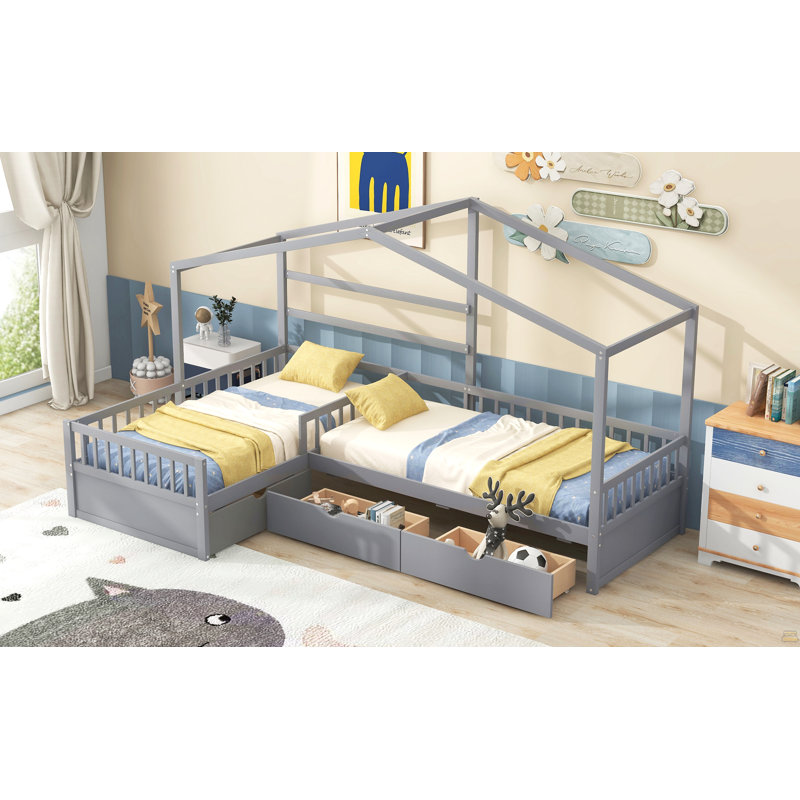 Lit plateforme simple avec trois tiroirs de rangement, Gris