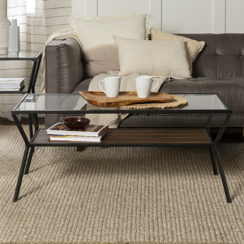 Rahway Four Leg Coffee Table with Storage, Dark Walnut