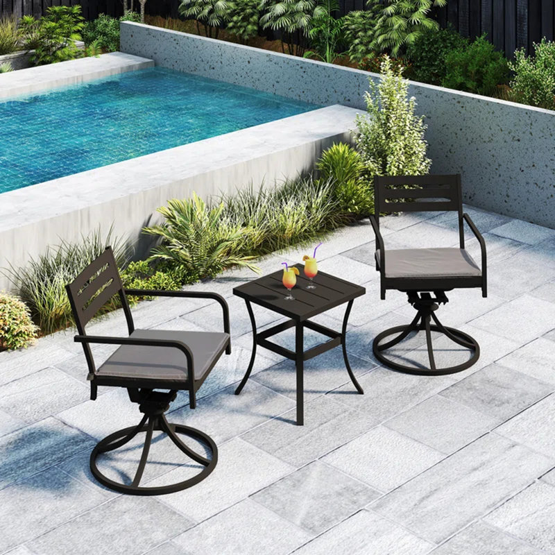 Ensemble de patio extérieur pivotant en métal - 2 fauteuils et table
