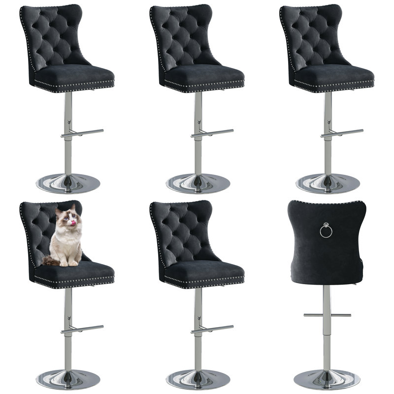 Swivel Upholstered Adjustable Height Counter Stool With Metal Frame, Silver, Black, 6