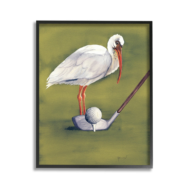 Oiseau avec club de golf, estampe numérique par Christine Reichow, Giclée encadrée noir minuit, H 14 po x l 11 po