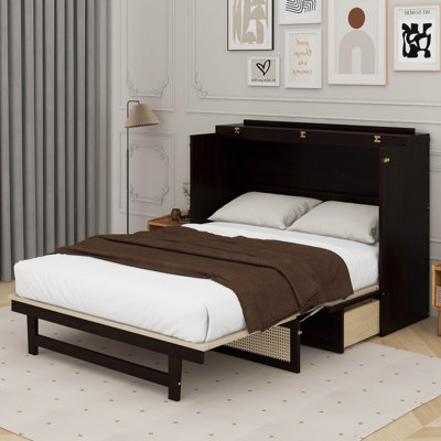 Queen Size Murphy Bed, Pine Wood Cabinet Bed With Rattan Decoration And Storage Drawer